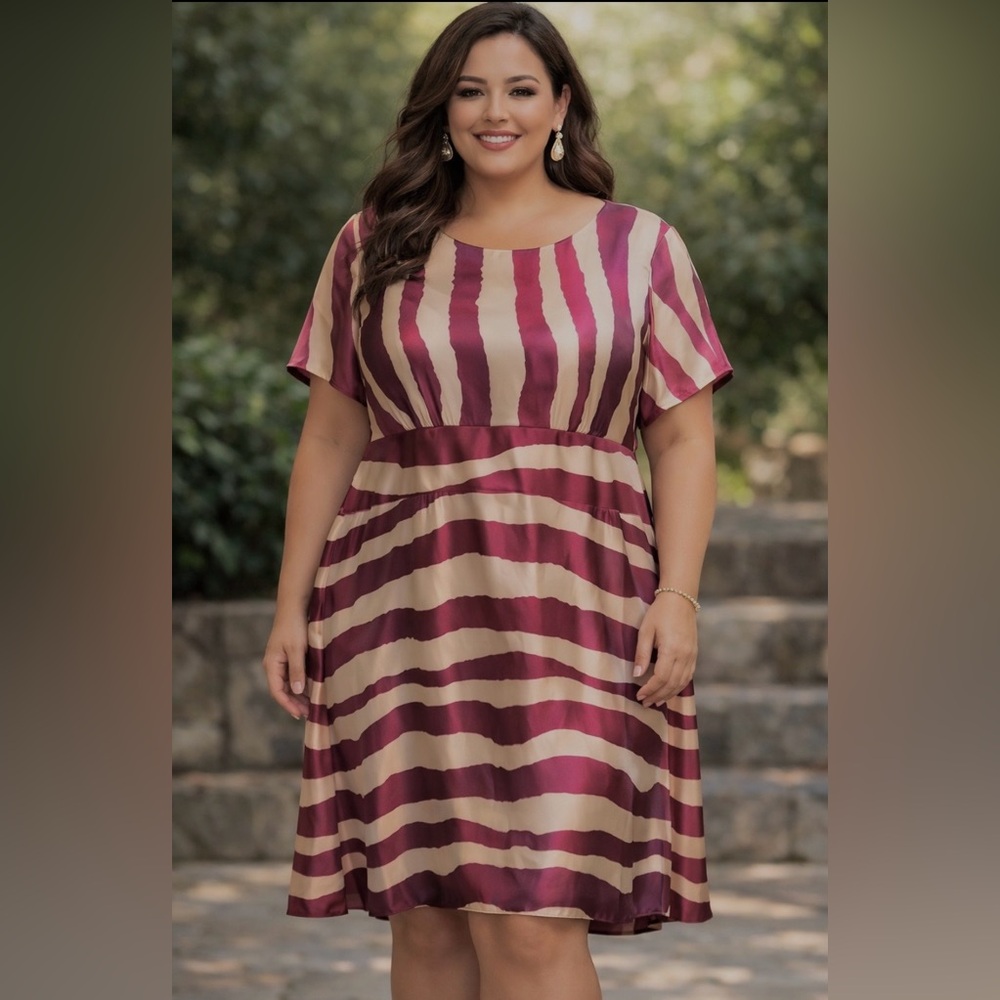 J. Peterman - Striped silk dress in maroon and off white.
